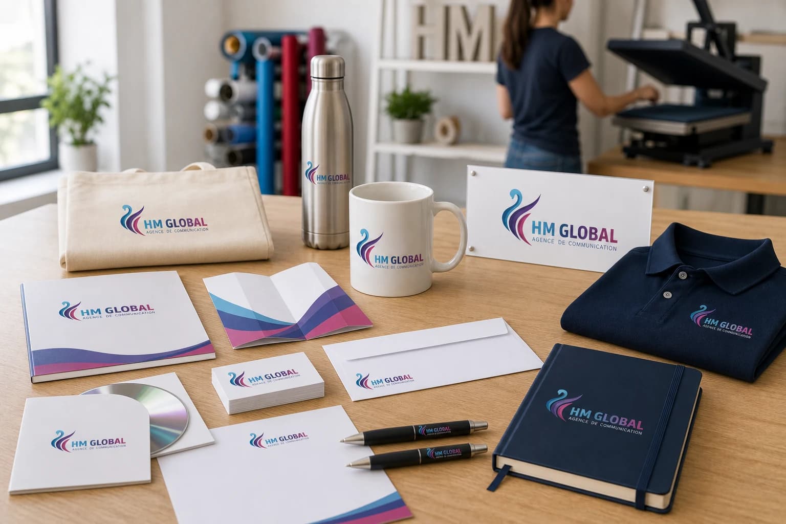 Objets et supports personnalisés aux couleurs HM Global : mug, carnet, tote bag, polo, cartes de visite, dépliant et signalétique