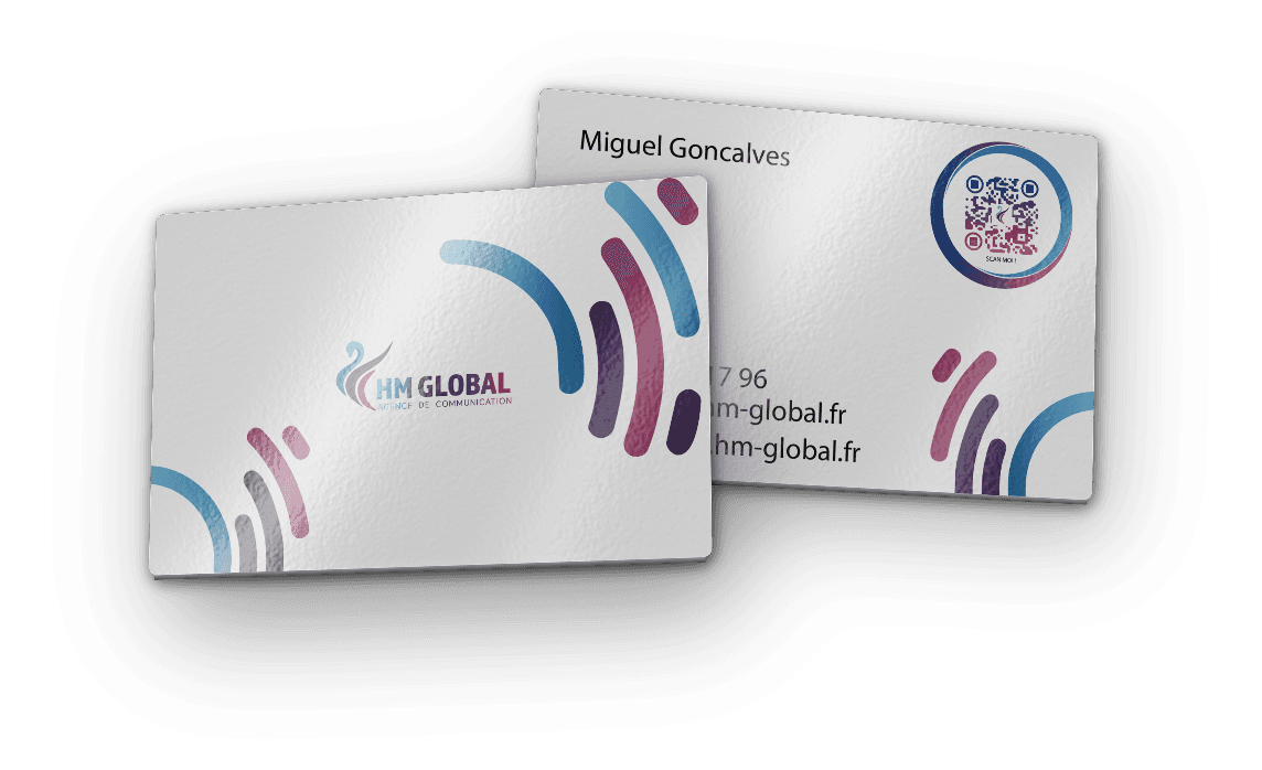 Rendu 3D d'une carte de visite HM Global, recto-verso